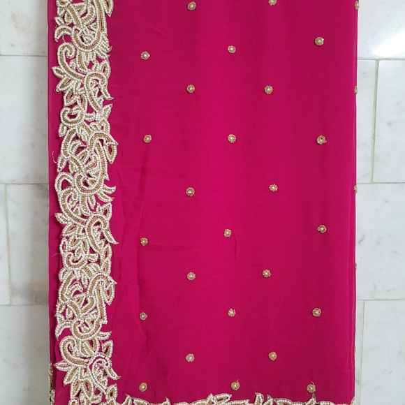 Hot Pink Saree with Pearls Work - Picture 7 of 14